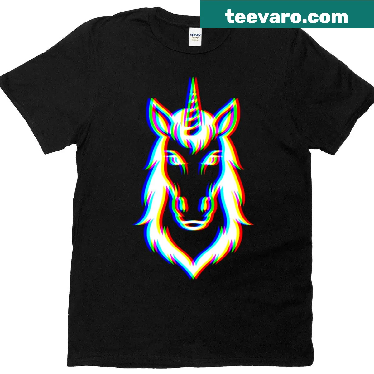 Illustration of a glitch unicorn with abstract elements on a shirt — on a men's t-shirt