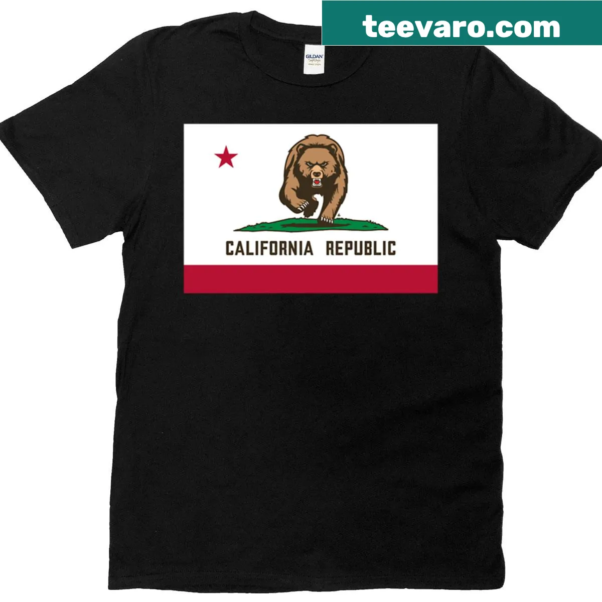 Emblem shirt with a warning flag design representing California — on a men's t-shirt