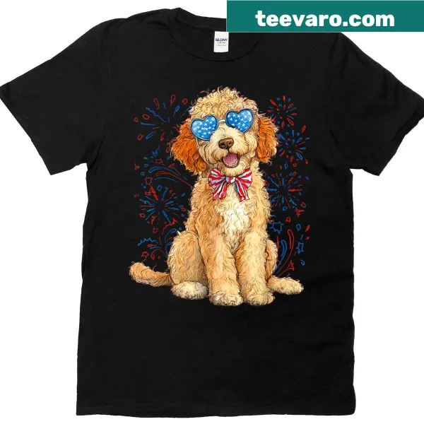 Patriotic Goldendoodle illustration for a Fourth of July T-shirt