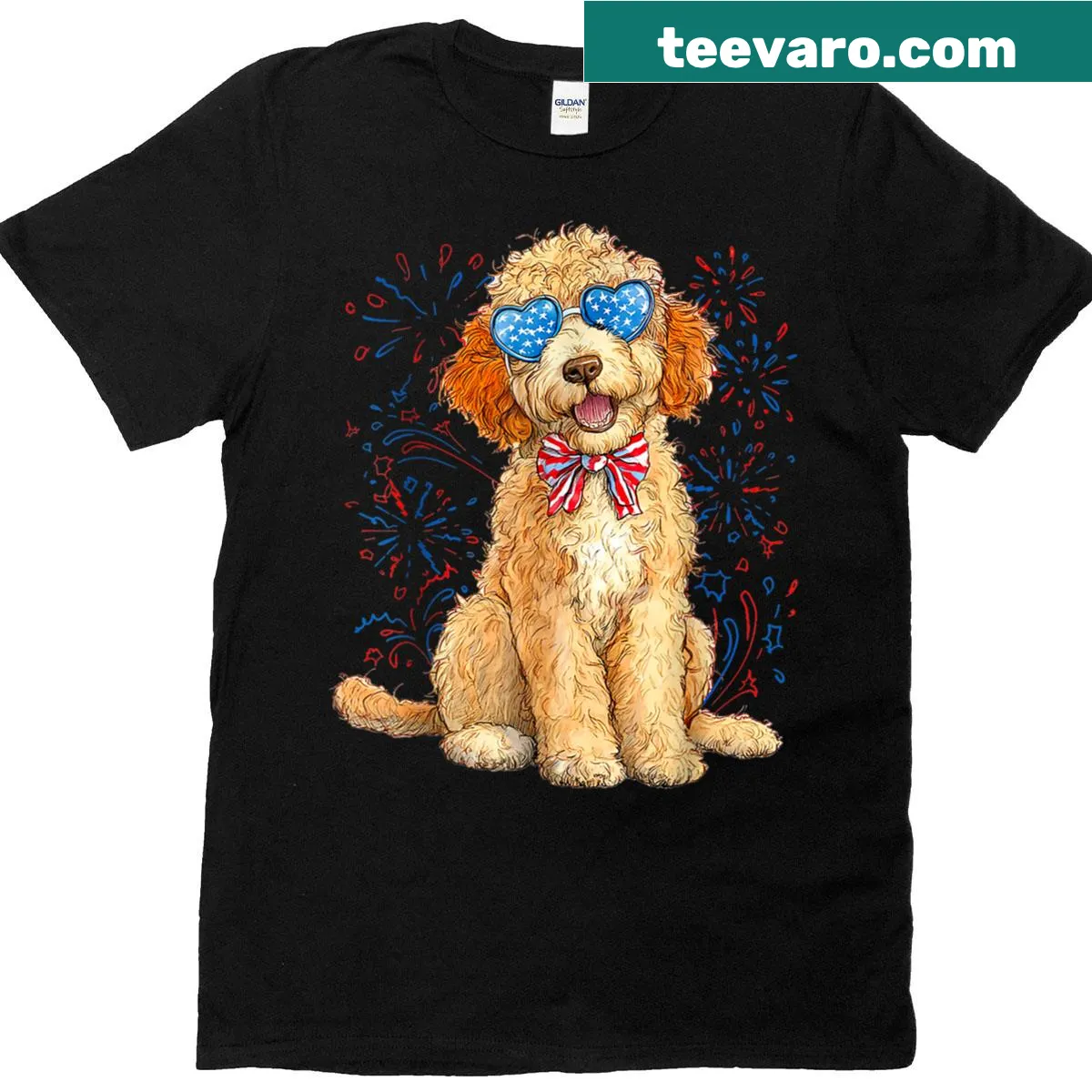 Patriotic Goldendoodle illustration for a Fourth of July T-shirt — on a men's t-shirt