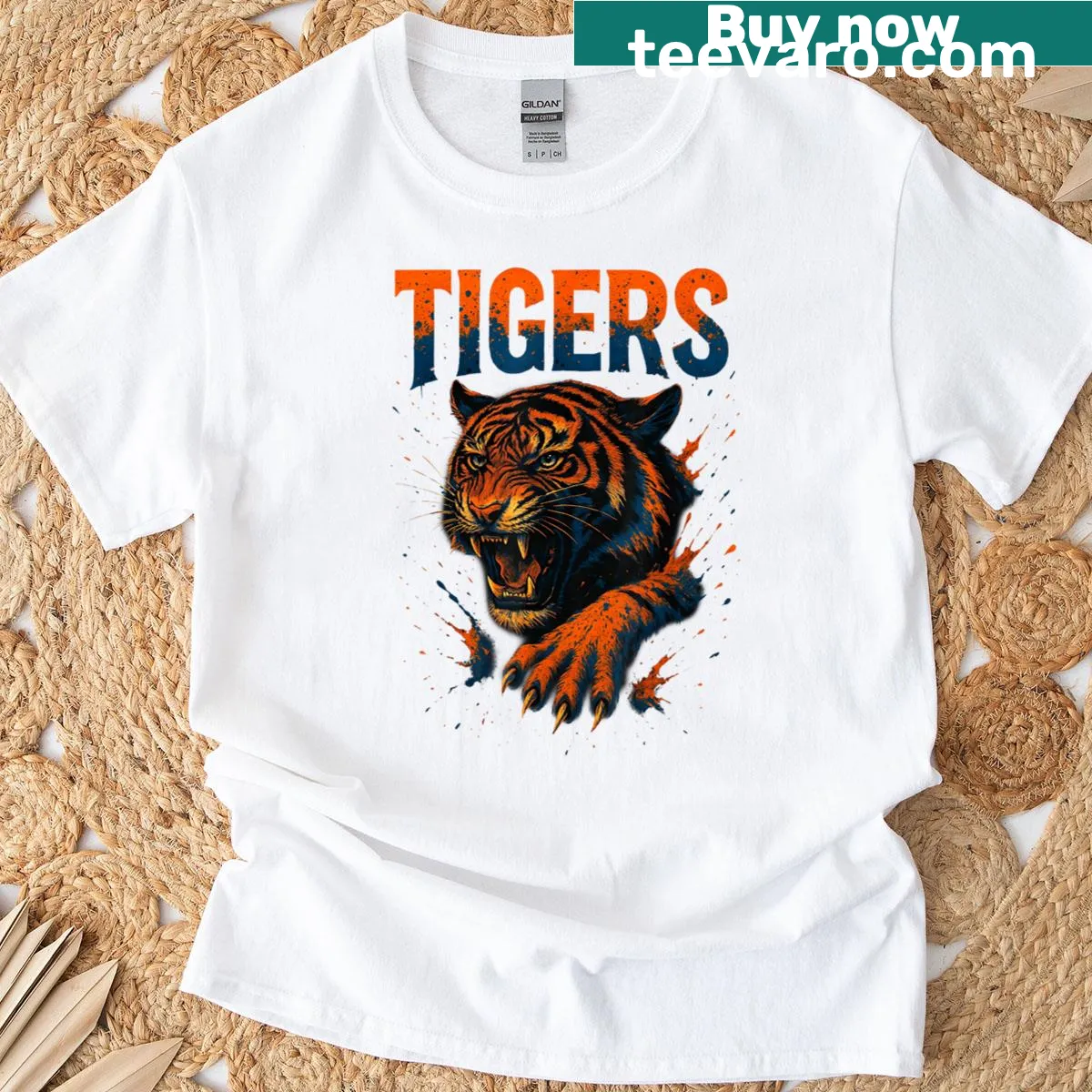 Distressed T-shirt featuring tigers and customizable name design — on a men's t-shirt