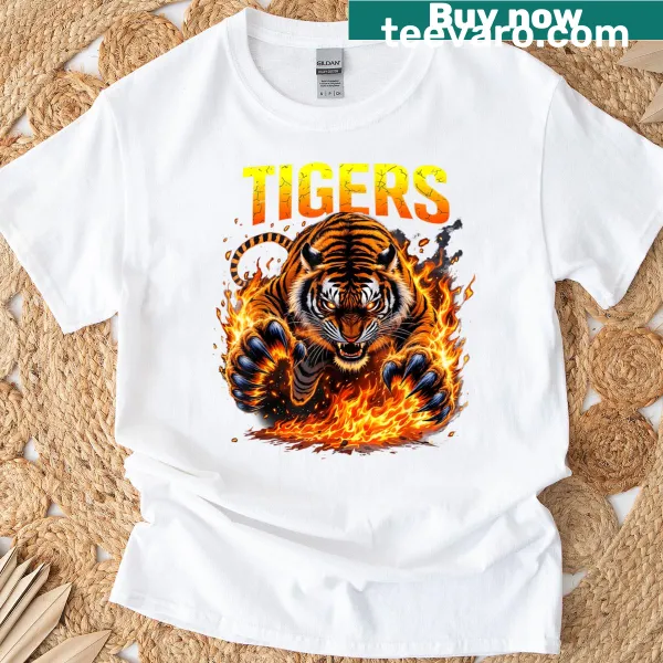 T-shirt featuring illustrated tigers in a playful graphic design