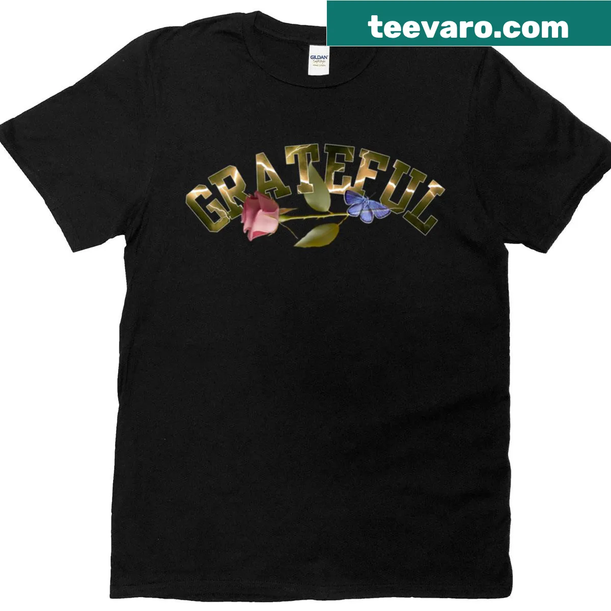 Golden typography featuring roses and butterflies in an illustration — on a men's t-shirt