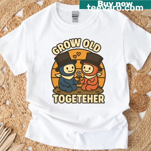 T-shirt featuring the phrase 'Grow Old Together' in a playful design