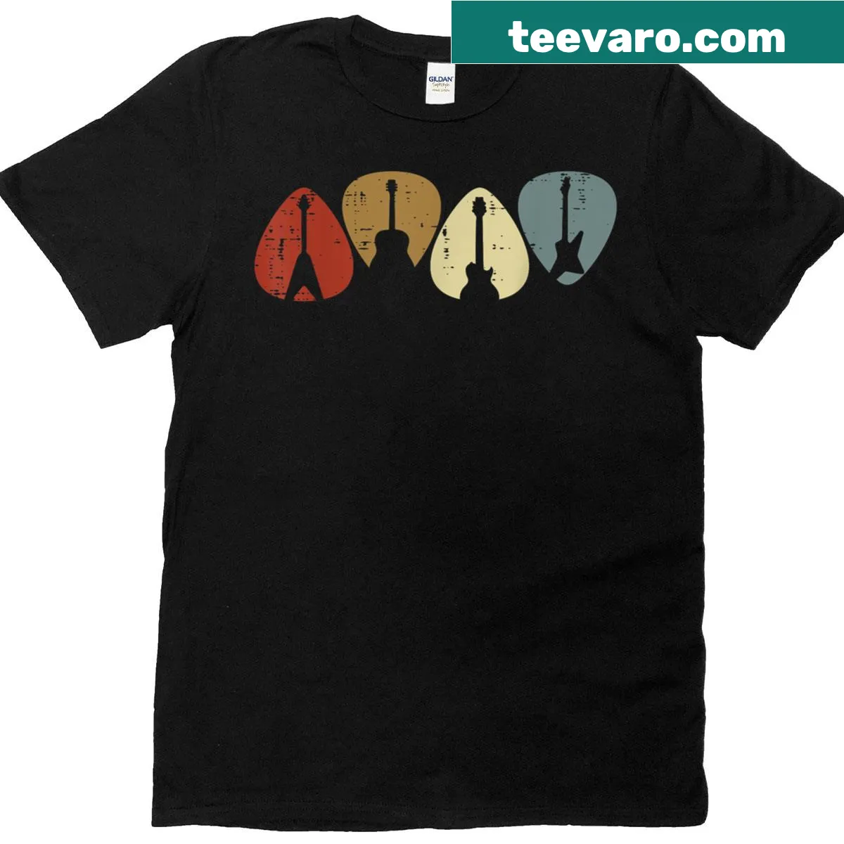Retro guitar picks design t-shirt for music lovers — on a men's t-shirt