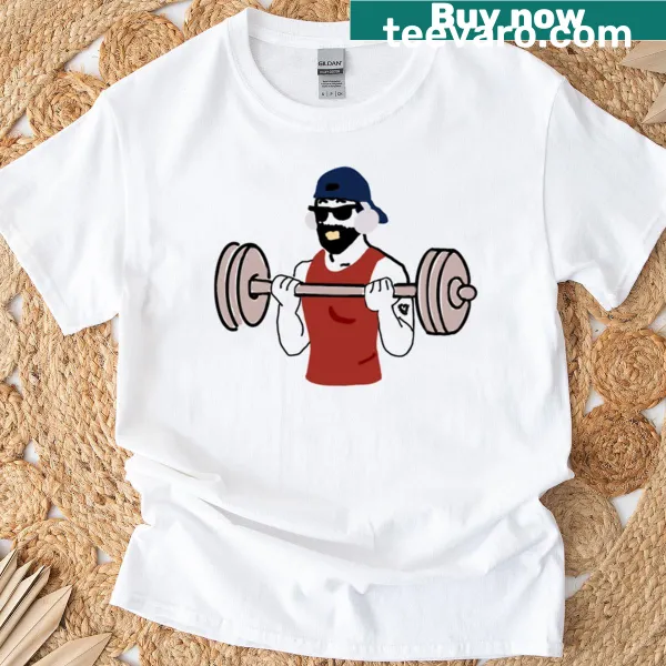Playful gym-themed T-shirt with a fitness sticker design