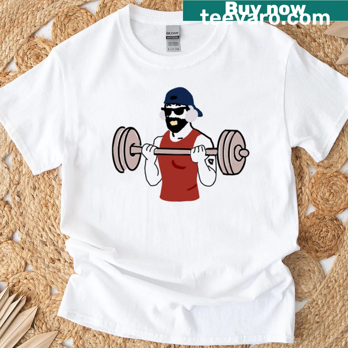 Playful gym-themed T-shirt with a fitness sticker design — on a men's t-shirt