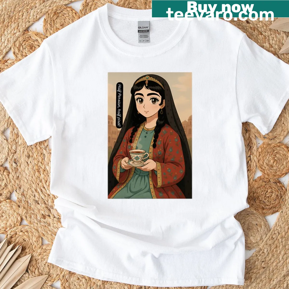 Anime portrait T-shirt blending Persian and pixel art styles — on a men's t-shirt