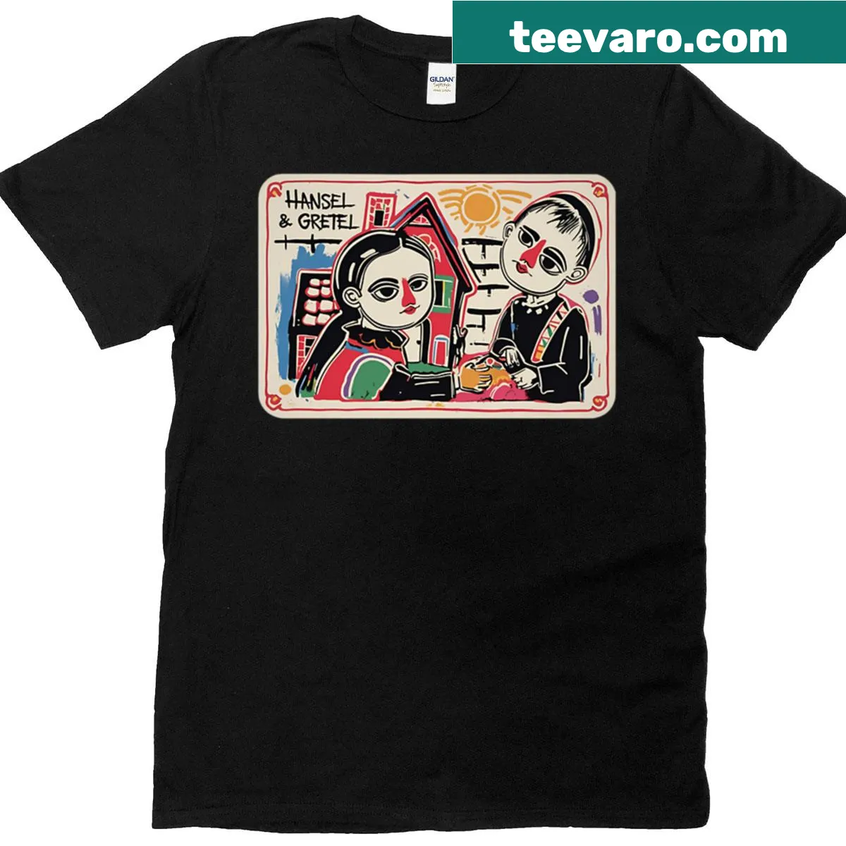 T-shirt featuring an illustration inspired by Hansel and Gretel fairy tale — on a men's t-shirt