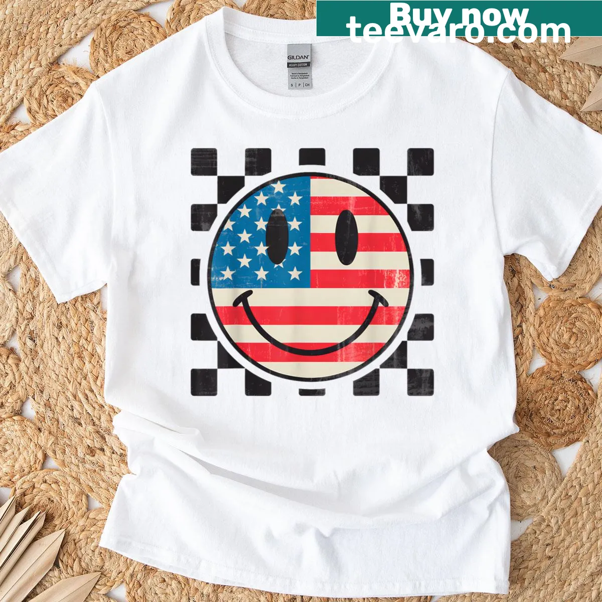 Groovy USA flag T-shirt for 4th of July with smiling face design — on a men's t-shirt