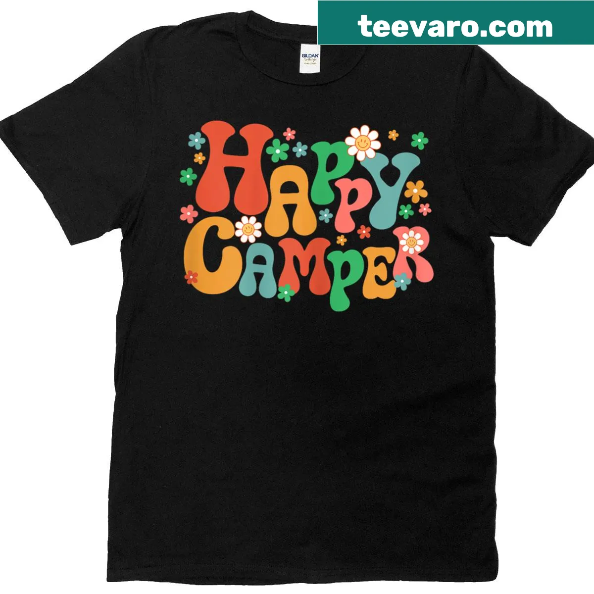 Retro Happy Camper T-shirt with camping-themed graphics — on a men's t-shirt