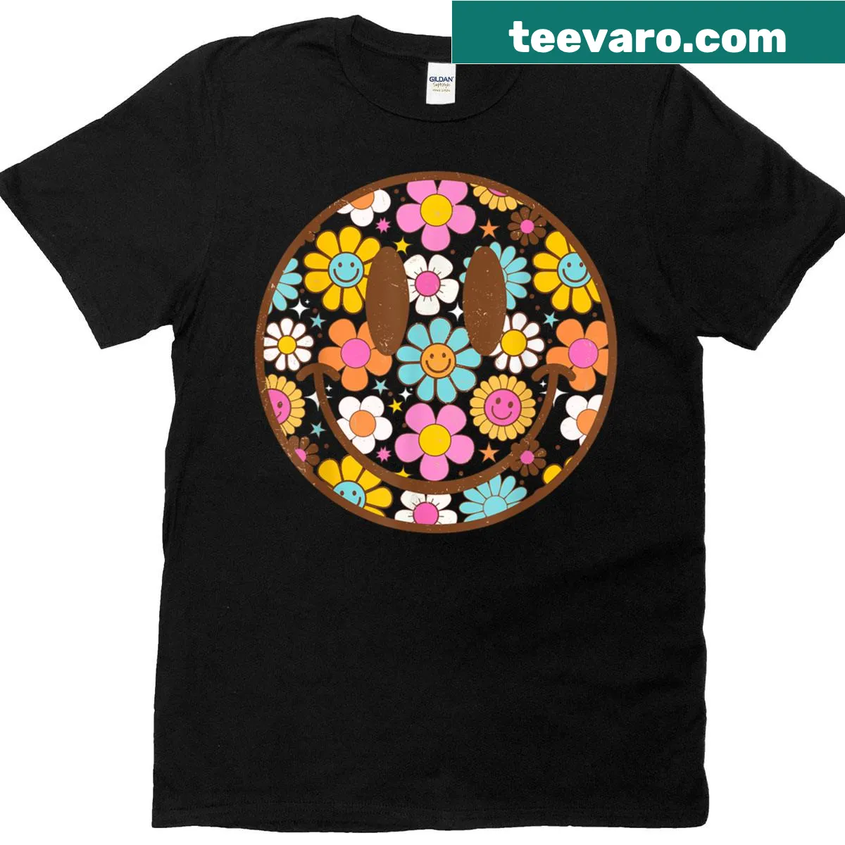 Retro daisy smiley face graphic on a preppy aesthetic T-shirt — on a men's t-shirt