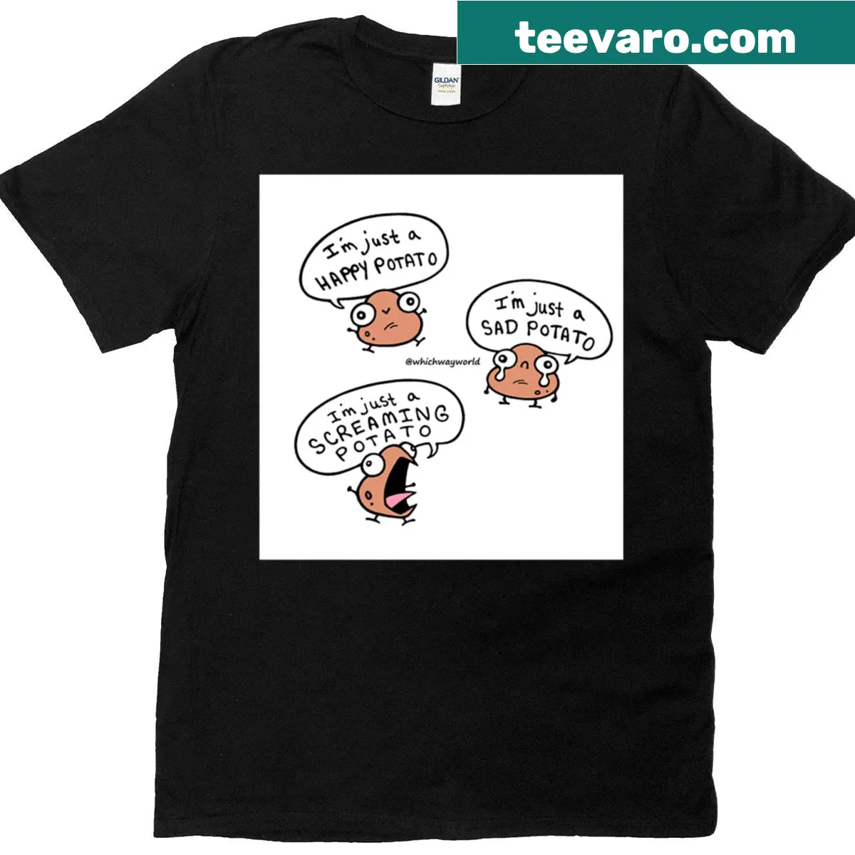 T-shirt with a happy, sad, and screaming potato graphic — on a men's t-shirt