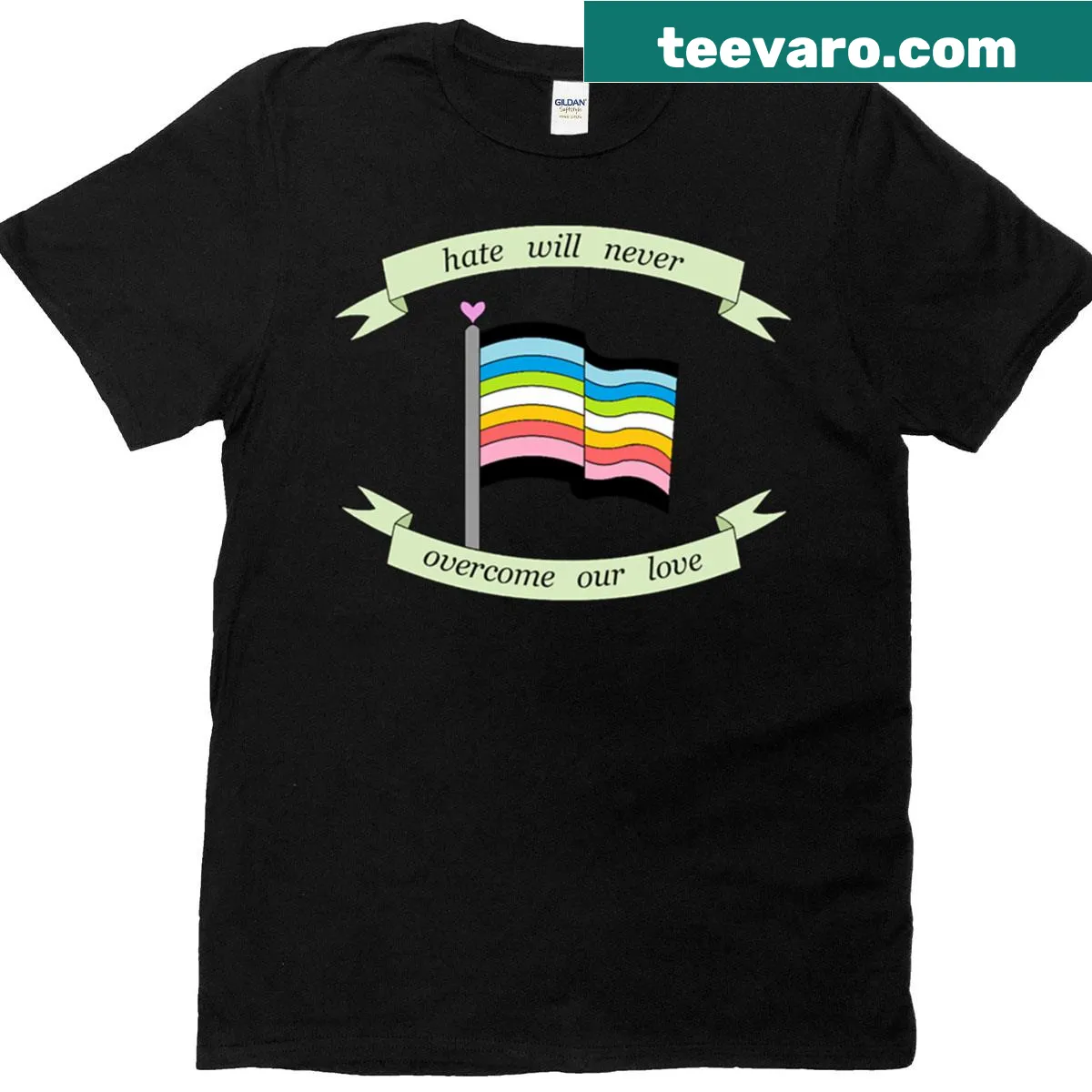 Queer pride flag graphic T-shirt — on a men's t-shirt