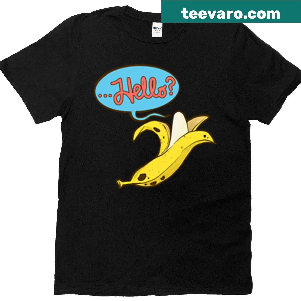 Cartoon banana graphic T-shirt with a smile — on a men's t-shirt