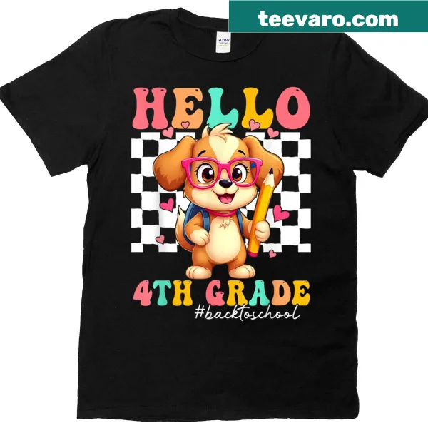 Teacher T-shirt with 'Hello Fourth Grade Team' text in playful font