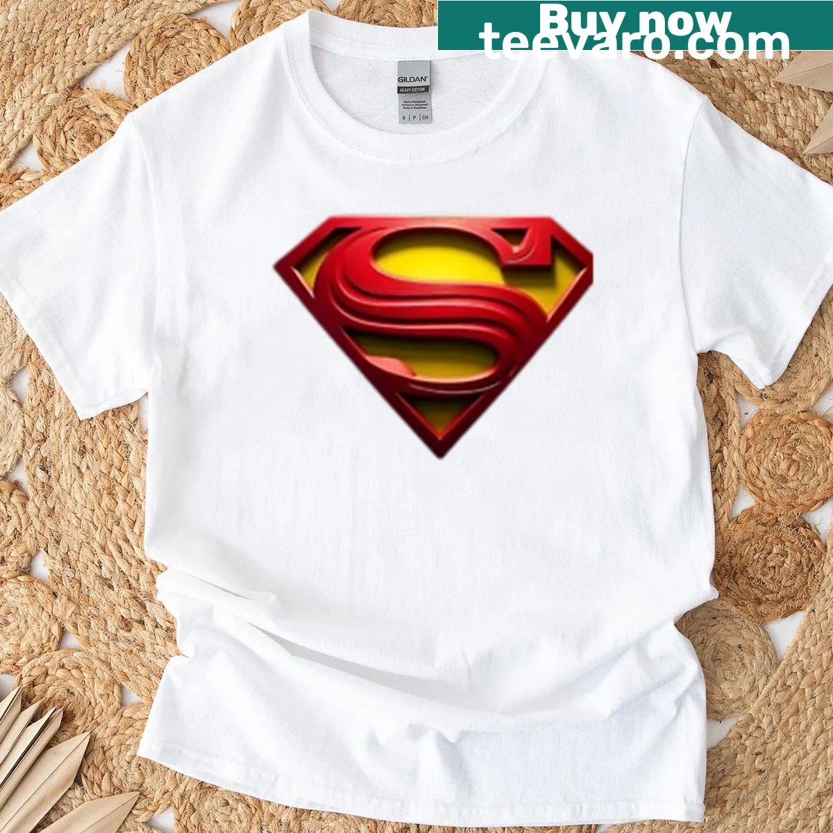 Oversized T-shirt with superhero theme graphics — on a men's t-shirt