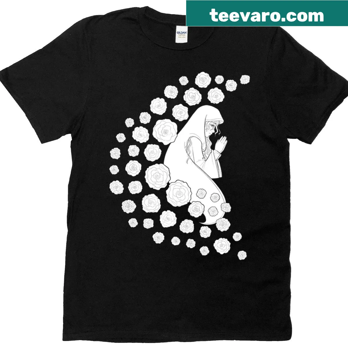 Illustration of Holy Mary surrounded by roses on a t-shirt. — on a men's t-shirt
