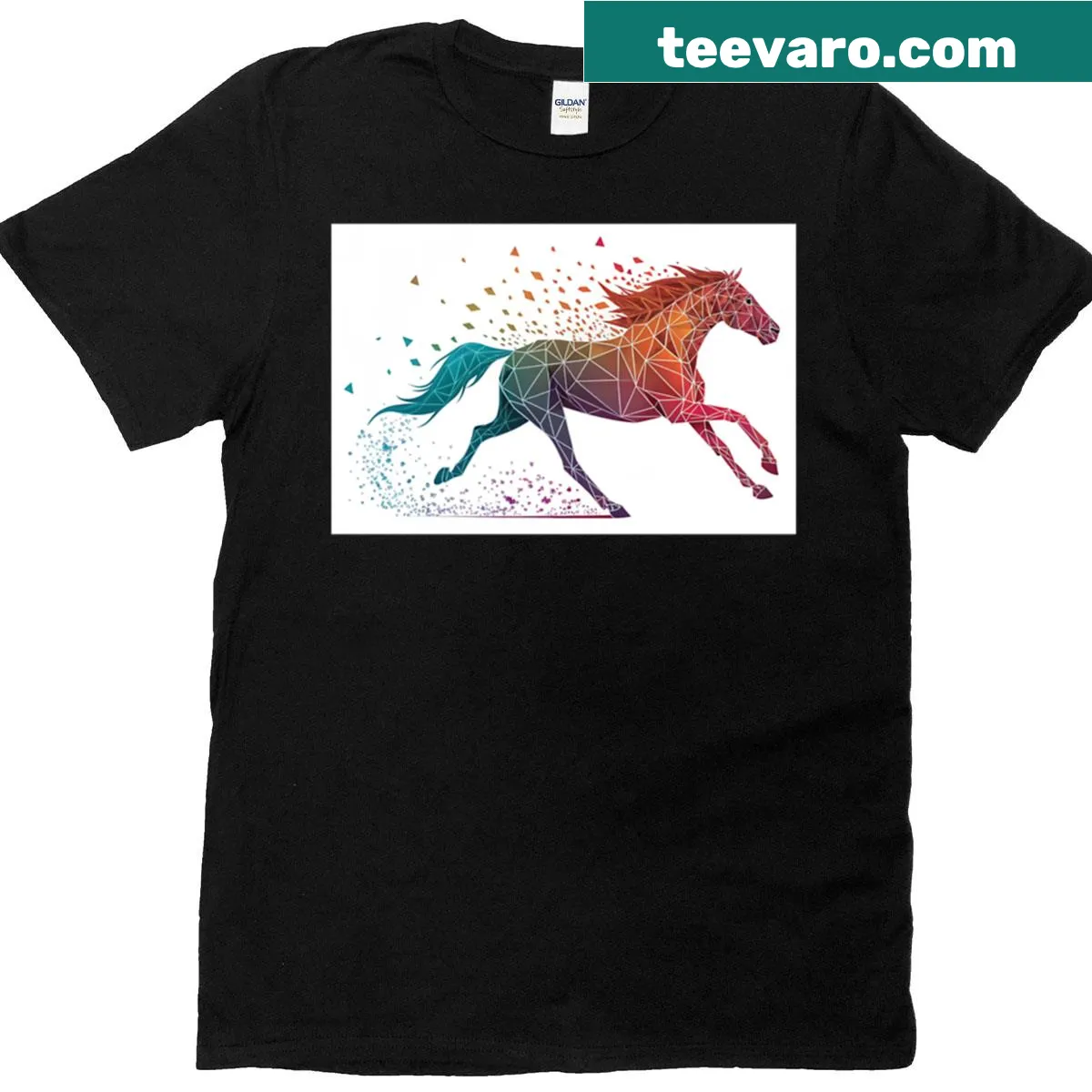 Geometric horse galloping design with lines and triangles on T-shirt. — on a men's t-shirt