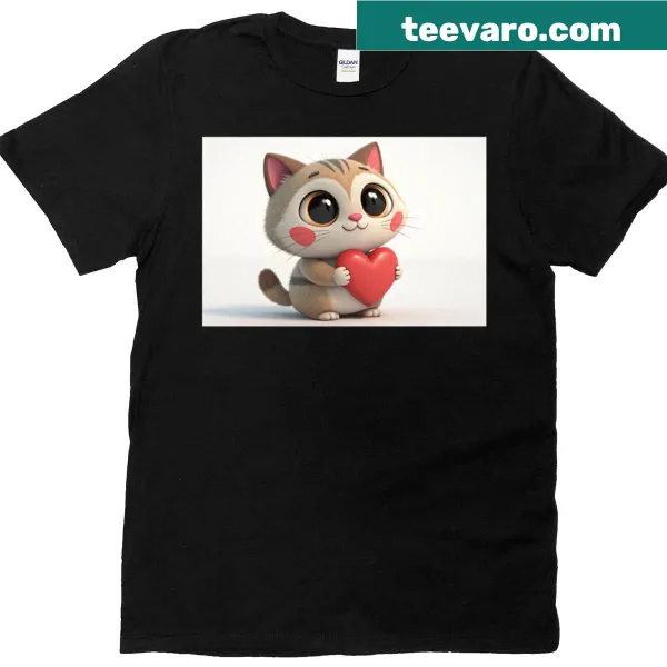 Cartoon cat with big eyes holding a heart, cute illustration