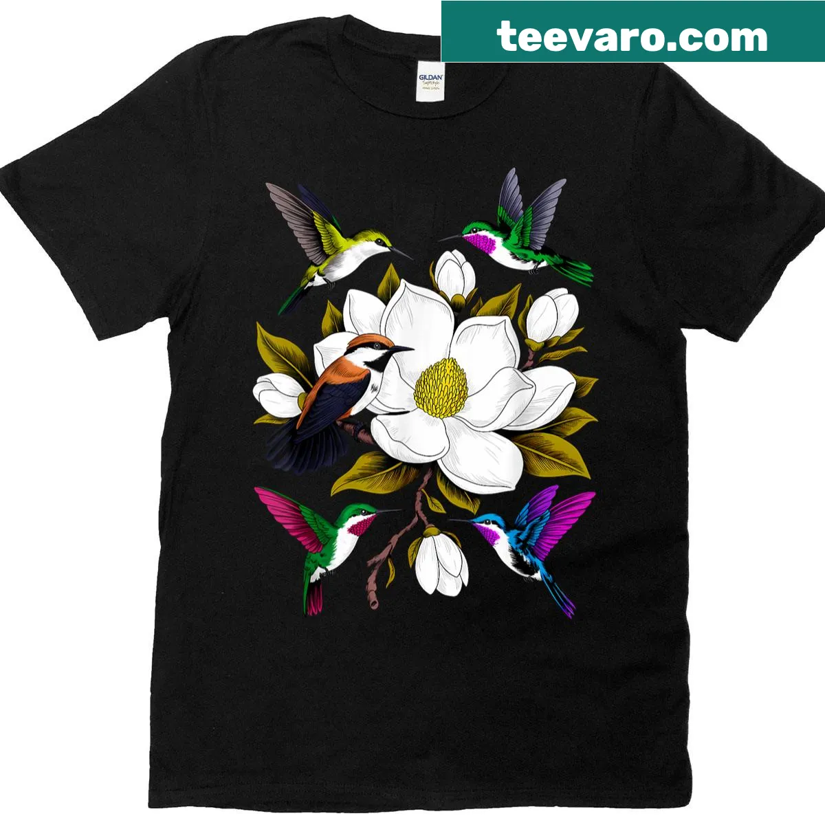 T-shirt featuring a hummingbird flying among flowers, celebrating nature's beauty. — on a men's t-shirt