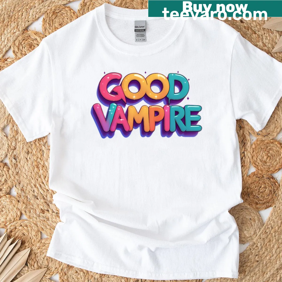 Humorous T-shirt featuring playful vampire-themed typography — on a men's t-shirt