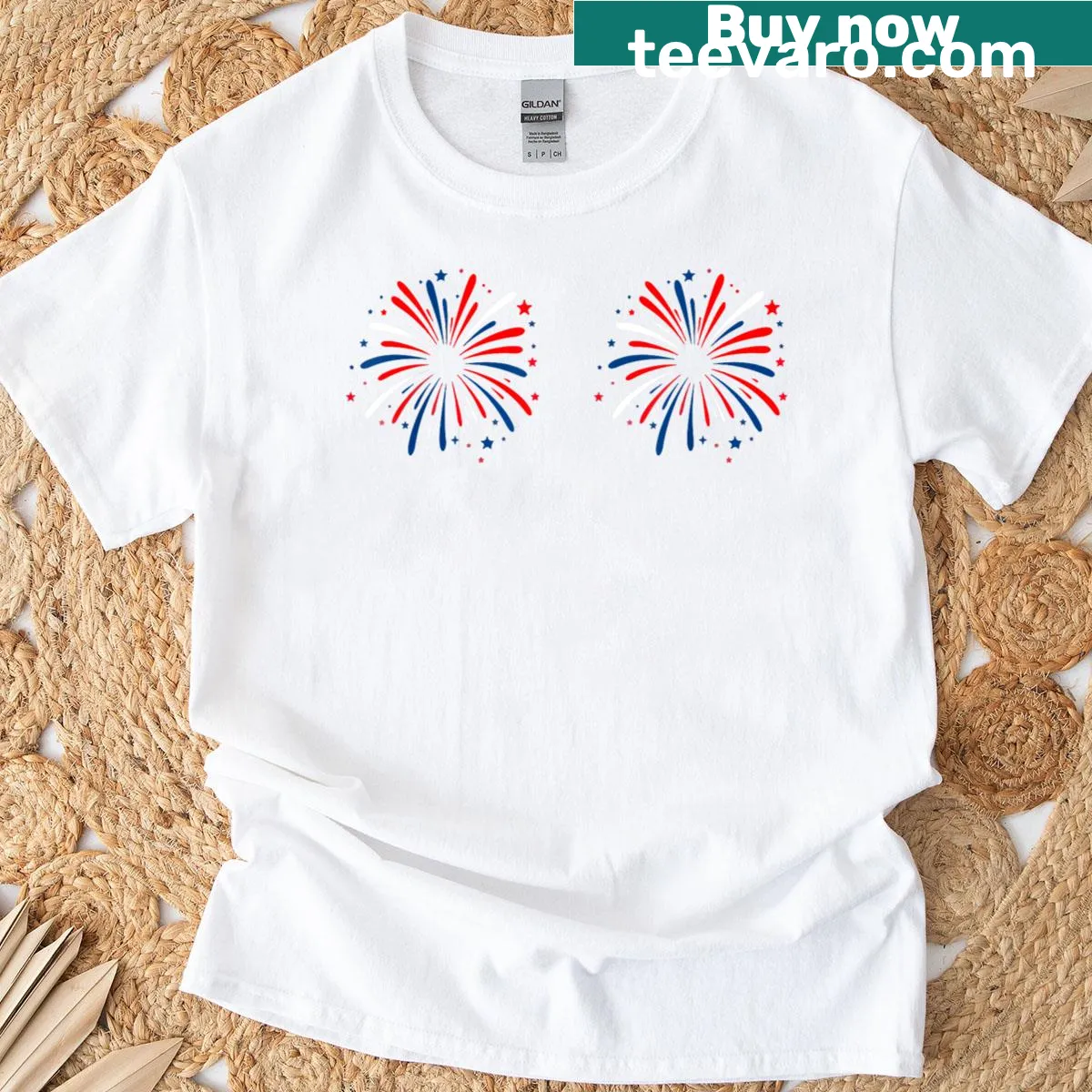 Couple's t-shirt with the phrase 'I'm Just Here For The Fireworks' — on a men's t-shirt