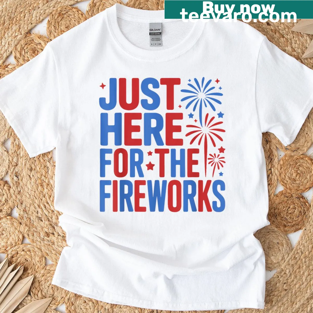Funny t-shirt with 'I'm Just Here For The Fireworks' — on a men's t-shirt