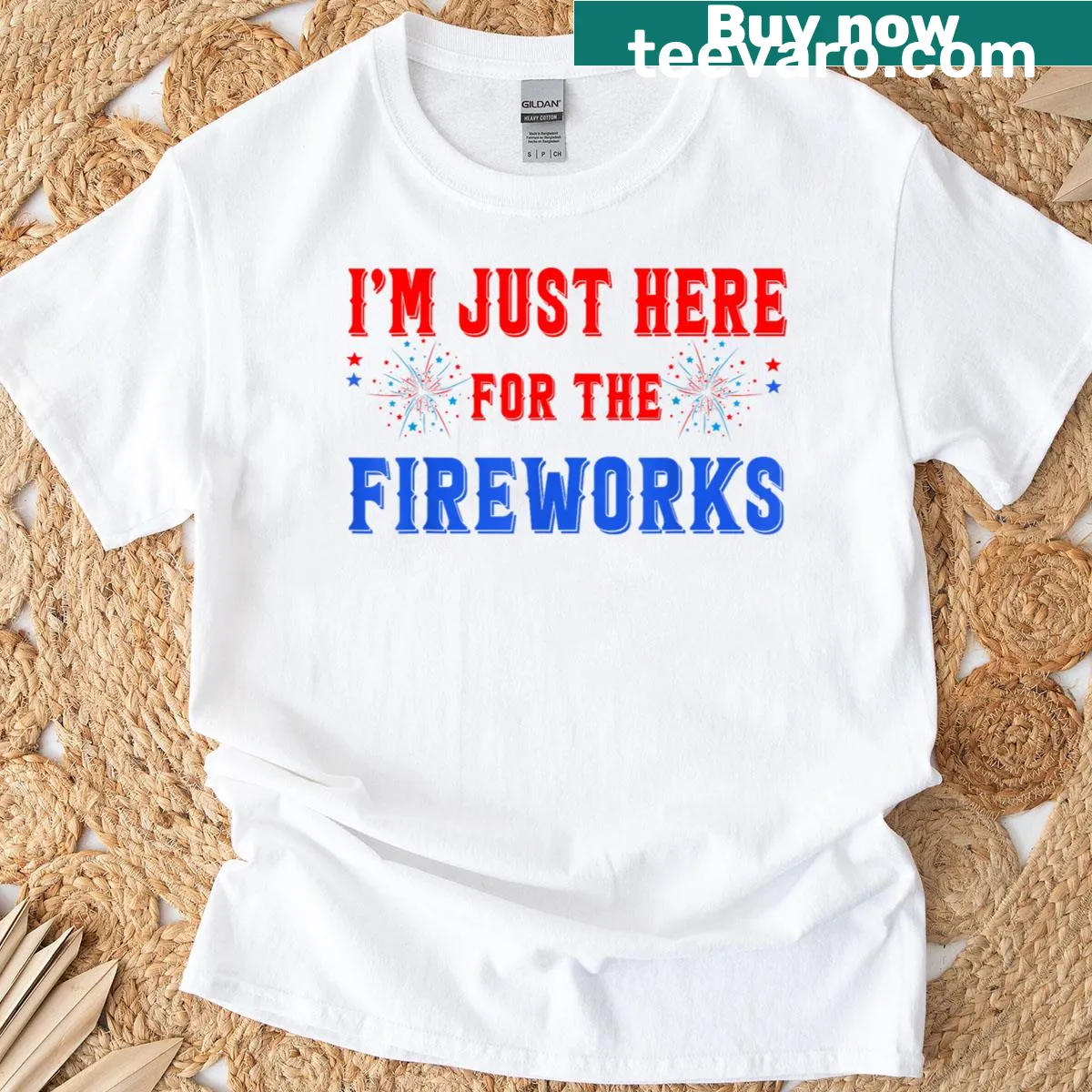 Patriotic t-shirt featuring fun fireworks phrase for Fourth of July — on a men's t-shirt