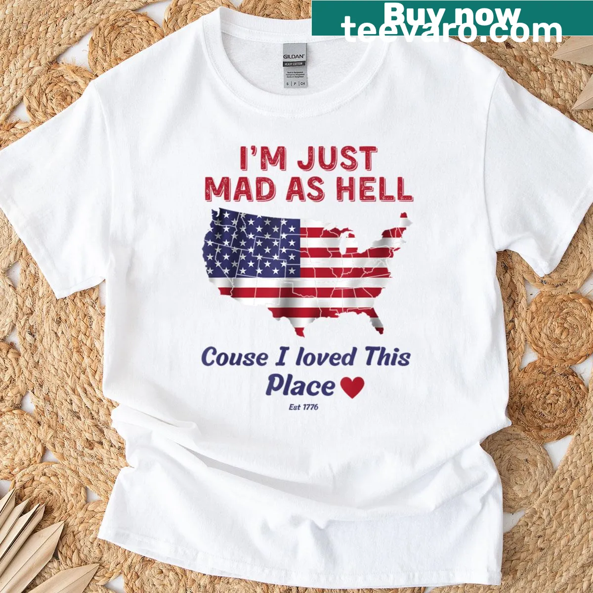 Bold US flag tee with the phrase 'I'm Just Mad As Hell' — on a men's t-shirt