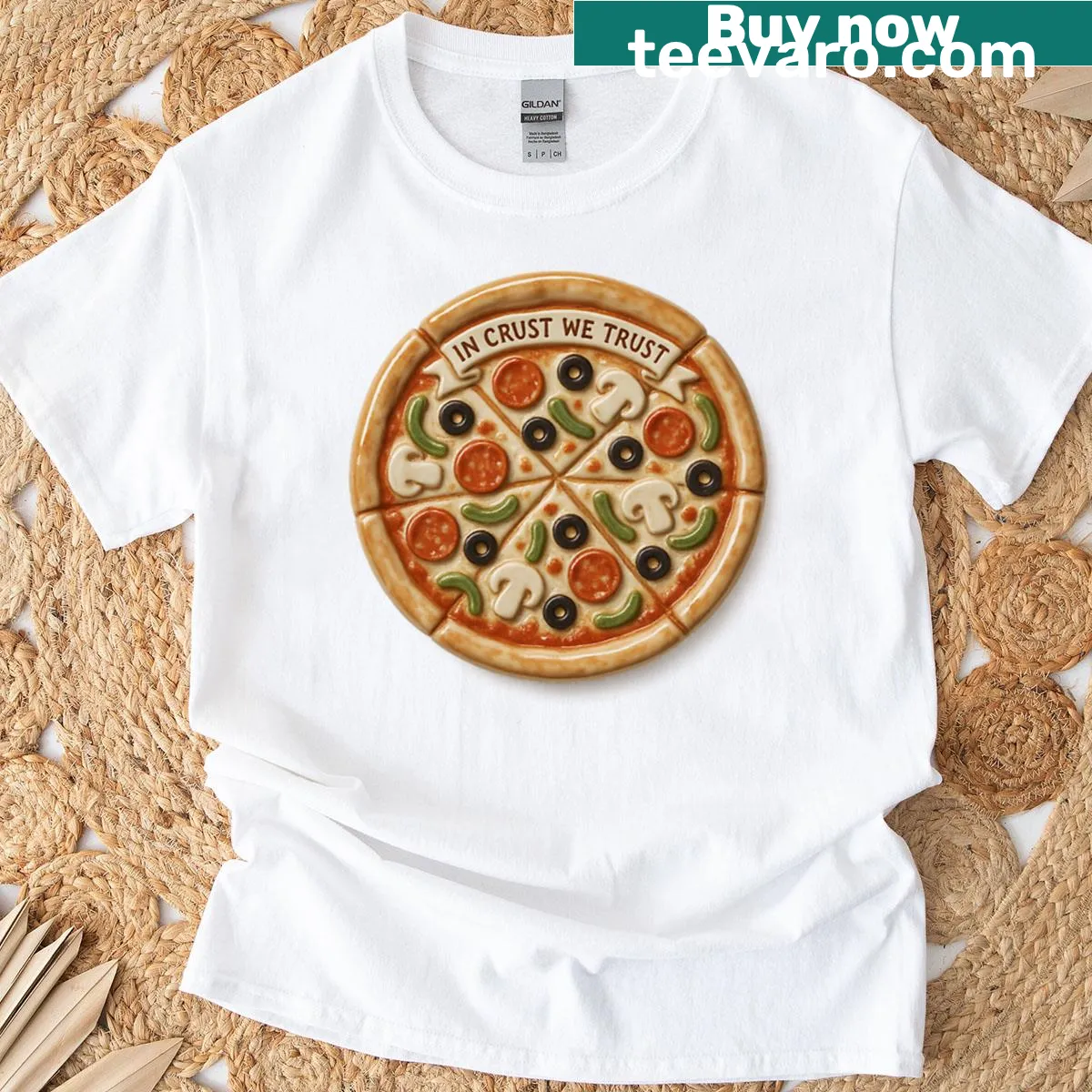 Playful tee celebrating faith in pizza crust. — on a men's t-shirt