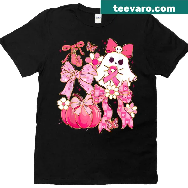 Shirt with whimsical ghost and pink bow for Breast Cancer Awareness