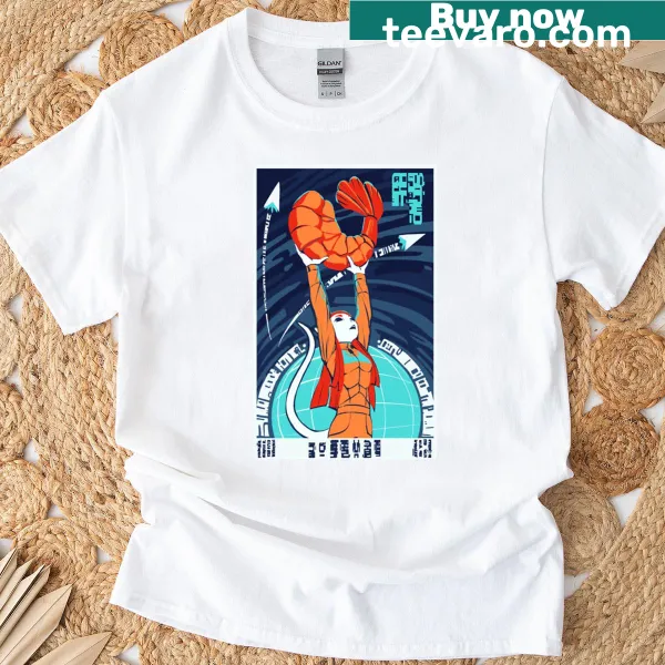 Playful tee featuring the phrase 'In Shrimp We Trust' in bold text