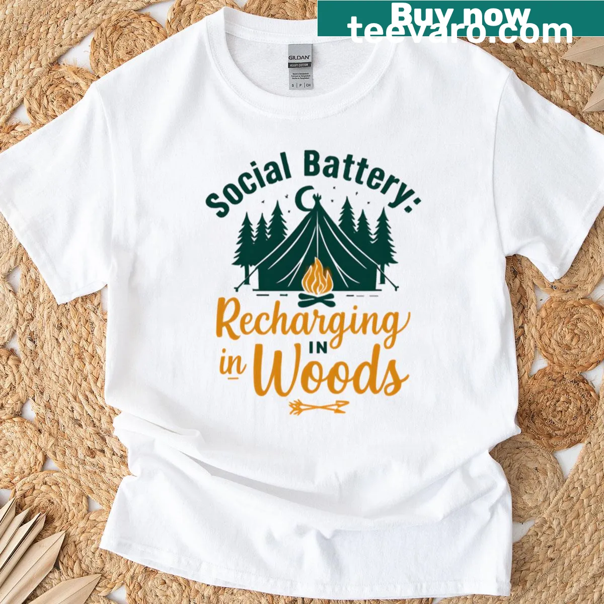 Illustration of camping vibes on introvert t-shirt with nature theme — on a men's t-shirt