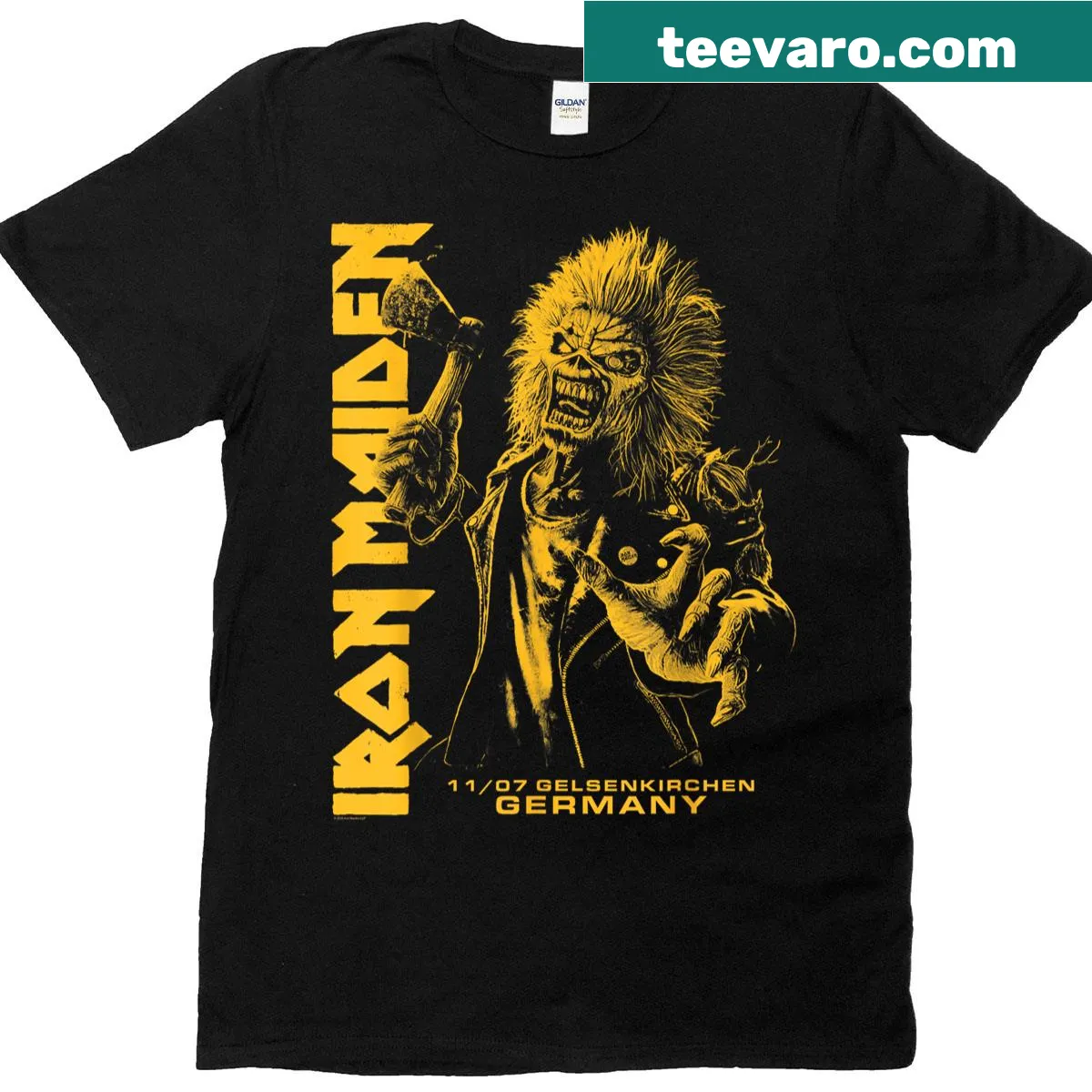 Iron Maiden tour T-shirt featuring iconic band imagery — on a men's t-shirt
