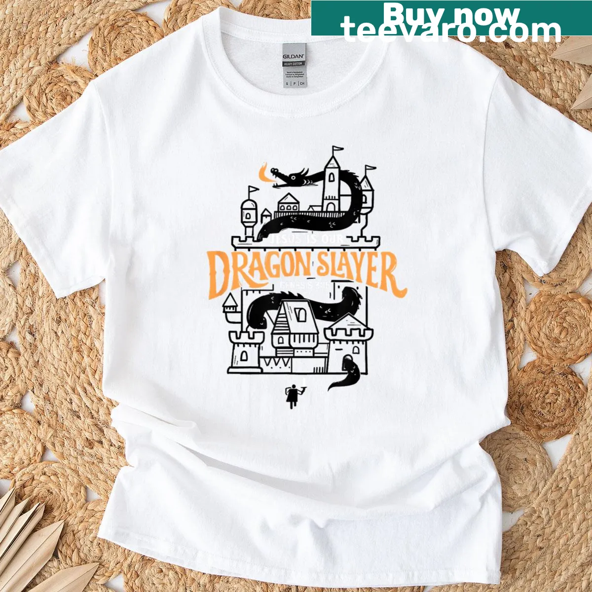 Kids t-shirt with the phrase 'Jesus Is Our Dragon Slayer' and playful graphics — on a men's t-shirt