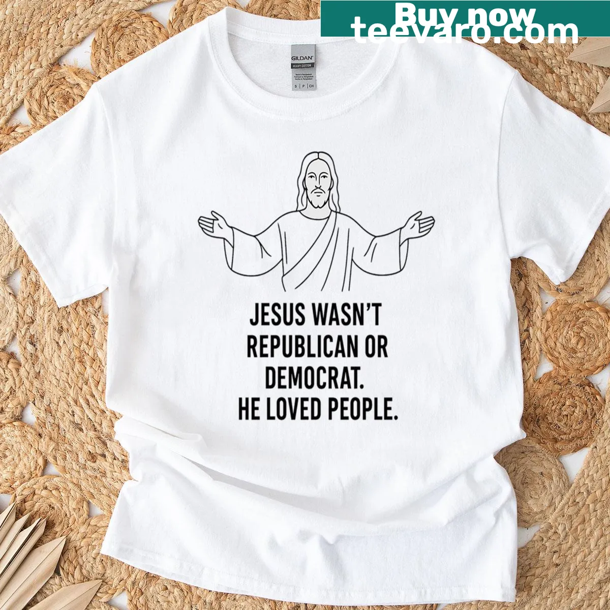 Bold Christian t-shirt with the phrase 'Jesus Loved People' in large text — on a men's t-shirt
