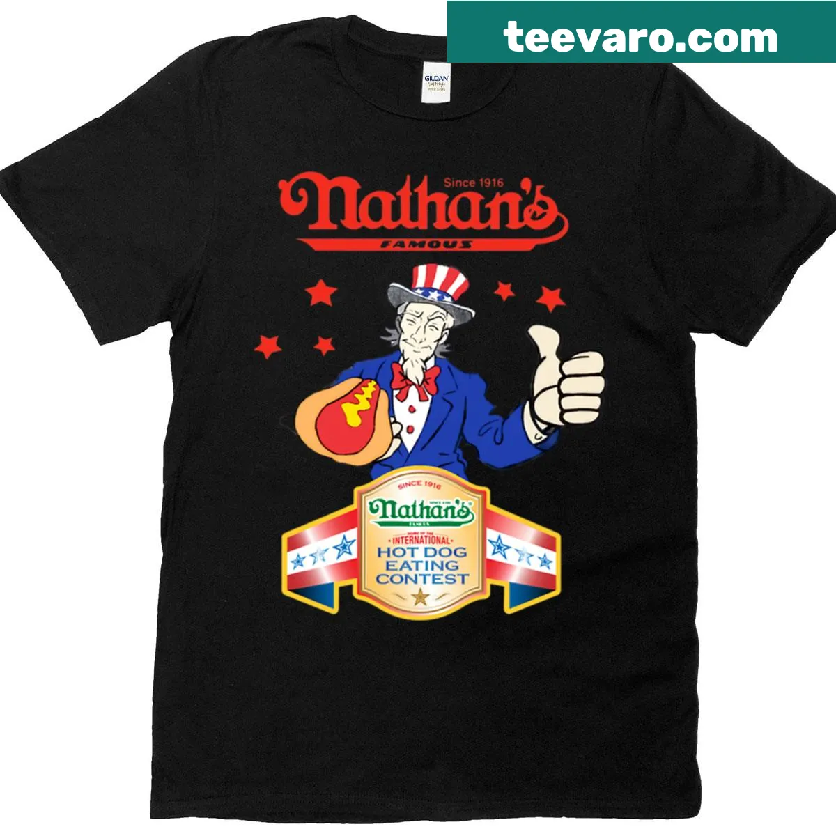 Graphic T-shirt celebrating Joey Chestnut's hot dog eating contest — on a men's t-shirt