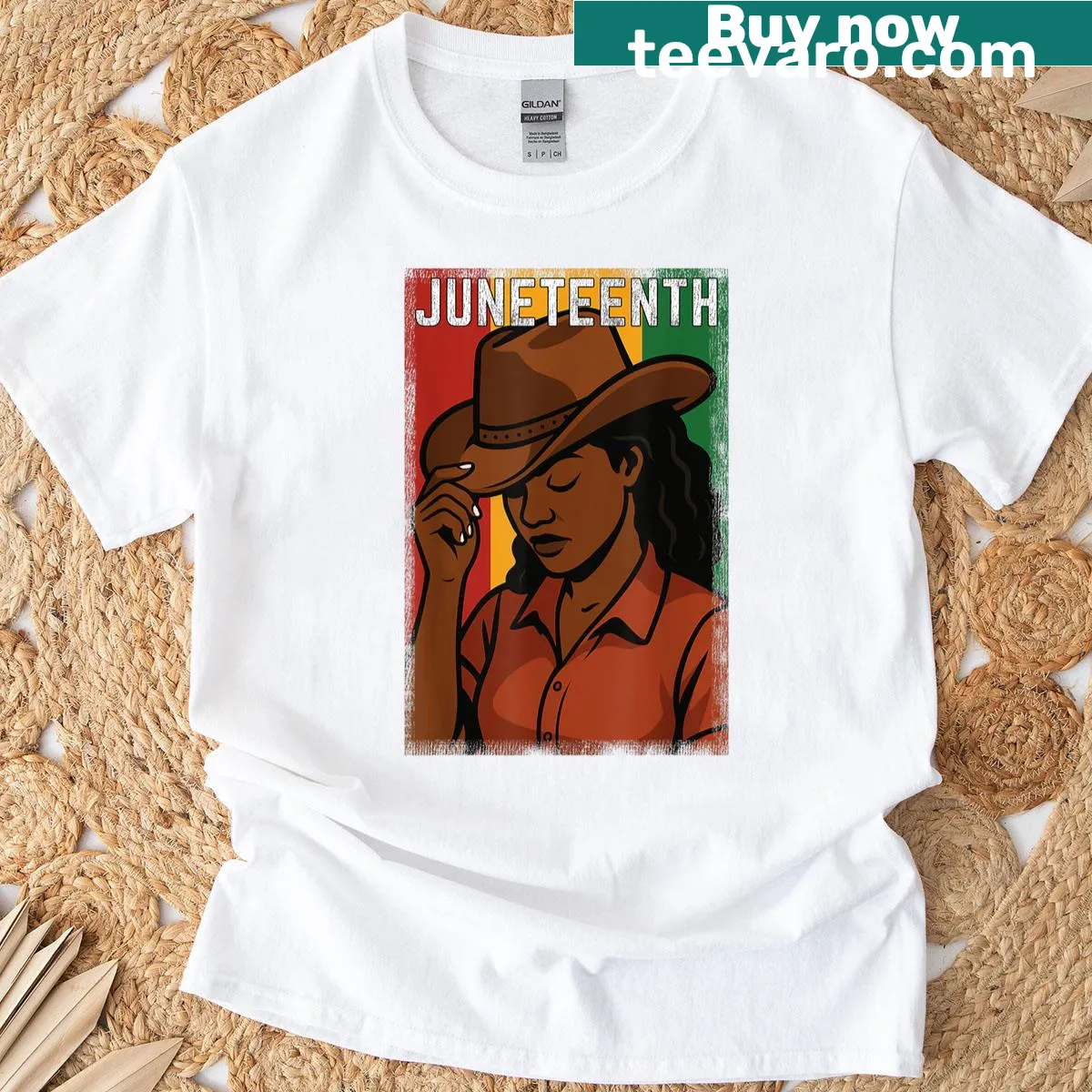 Illustrated T-shirt featuring a Black cowgirl with the Juneteenth flag — on a men's t-shirt