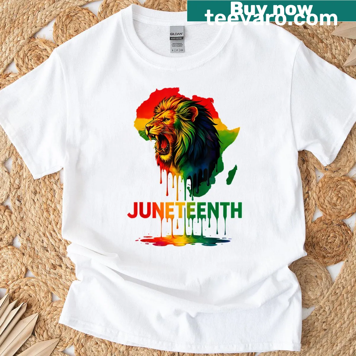 T-shirt featuring a lion design symbolizing Juneteenth and pride. — on a men's t-shirt