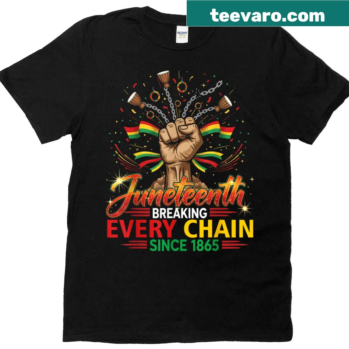 T-shirt celebrating breaking chains since 1865 for Juneteenth — on a men's t-shirt