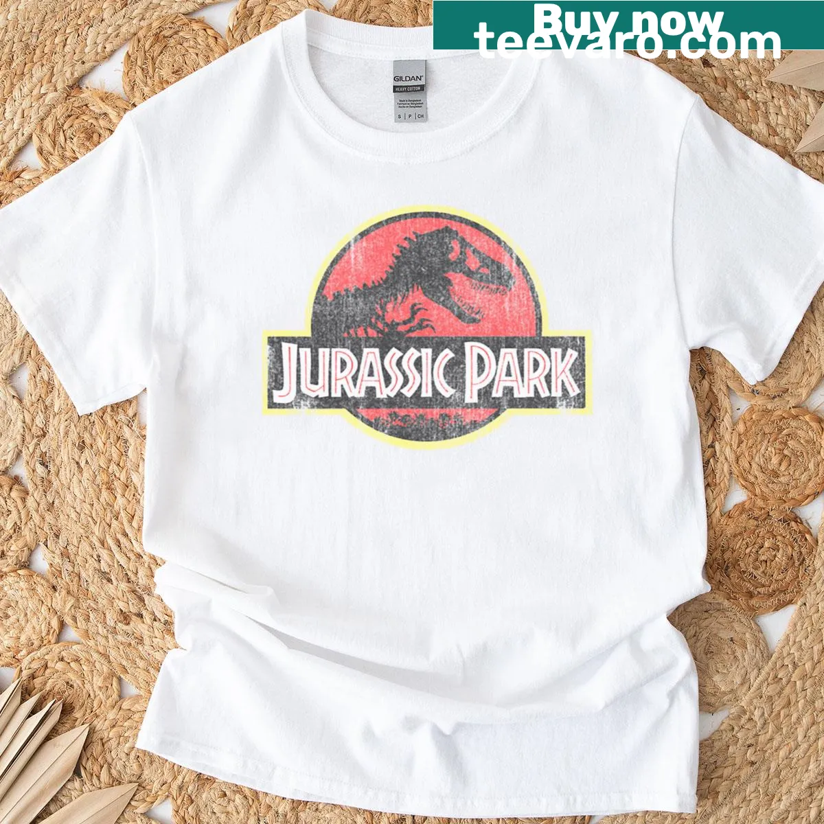 Vintage distressed Jurassic Park logo t-shirt — on a men's t-shirt