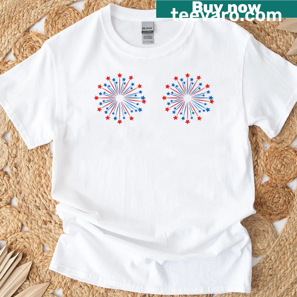 Funny double-sided couple t-shirt with fireworks theme for July 4th. — on a men's t-shirt
