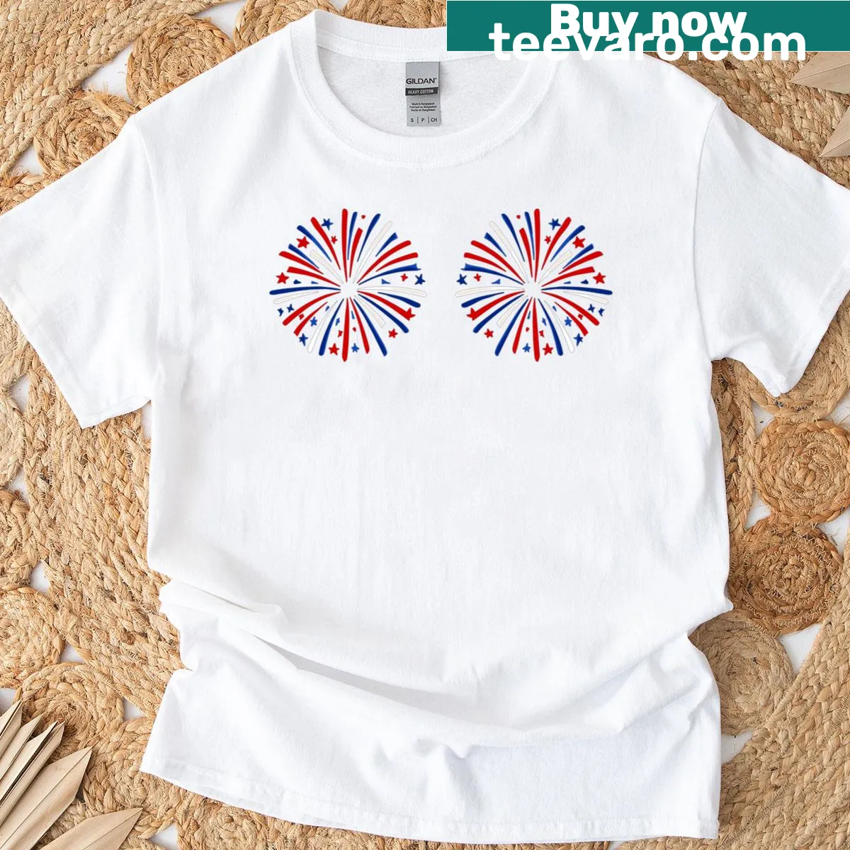 Funny couple t-shirt with fireworks design for the Fourth of July. — on a men's t-shirt