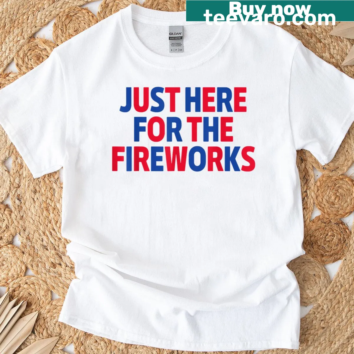 Funny couple t-shirt with a fireworks theme for Independence Day. — on a men's t-shirt