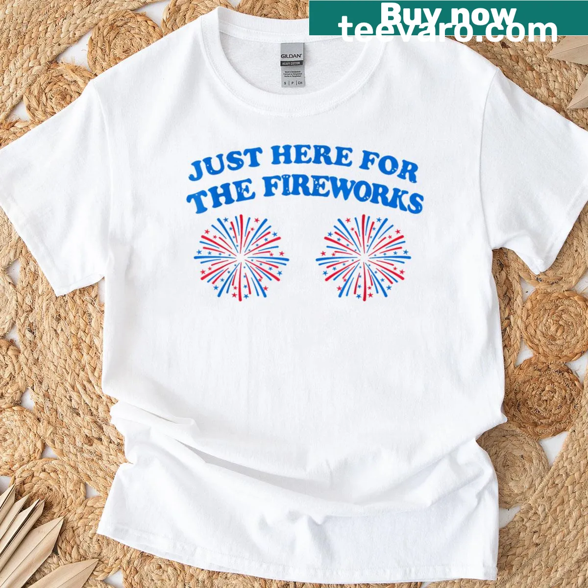 Patriotic t-shirt with a humorous fireworks theme for Independence Day. — on a men's t-shirt