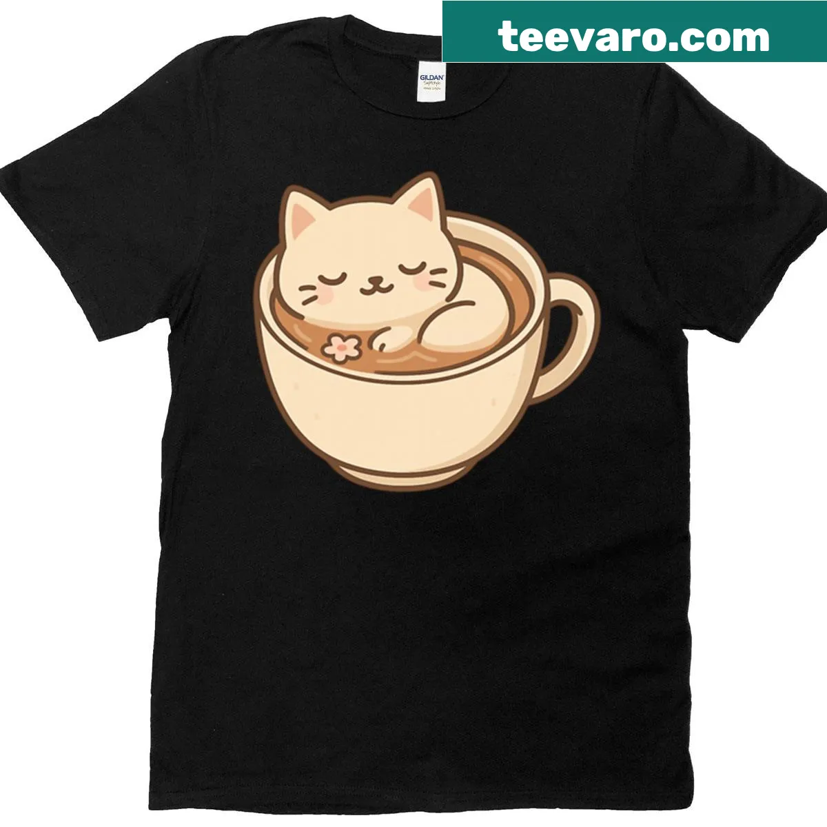 Kawaii cat latte T-shirt with cute coffee design — on a men's t-shirt