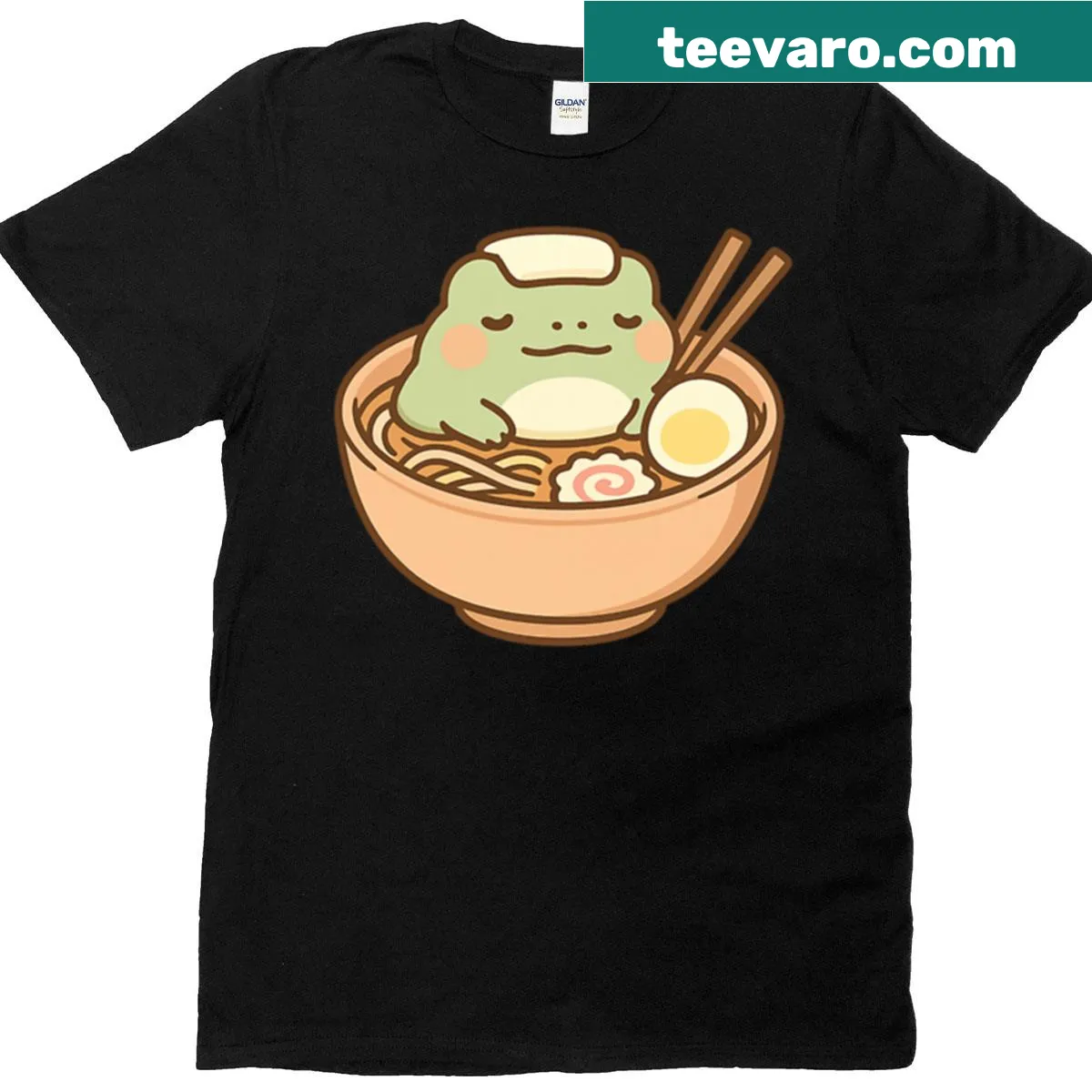 Kawaii frog in ramen bath T-shirt featuring cute cartoon design — on a men's t-shirt