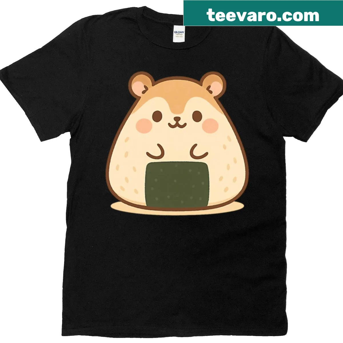 Kawaii hamster with onigiri T-shirt featuring cute chibi art — on a men's t-shirt