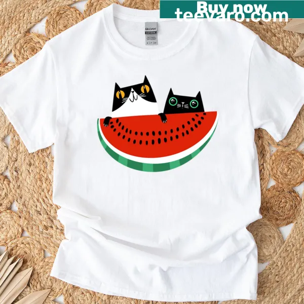 Cute t-shirt featuring playful kittens with watermelons.